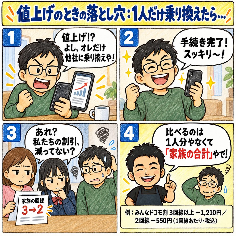 4コマ漫画。値上げを見たお父さんが1人だけ他社に乗り換え、翌月に家族の回線が3回線から2回線に減って割引が減ったことに気づき、主人公が「比べるのは家族の合計」と解説する