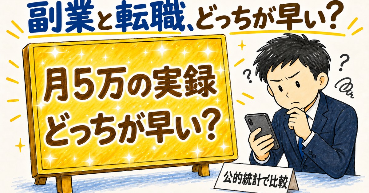副業と転職どっちが早い？月5万の実録と公的統計で比較するイラスト