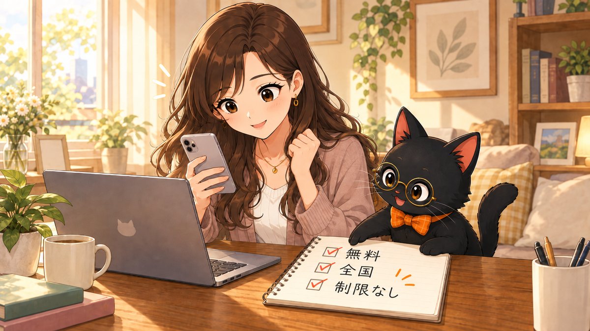 スマホでユメキャリ転職エージェントの無料相談フォームに入力する女性と、無料・全国・制限なしのチェック項目を指す黒猫クロタのイラスト